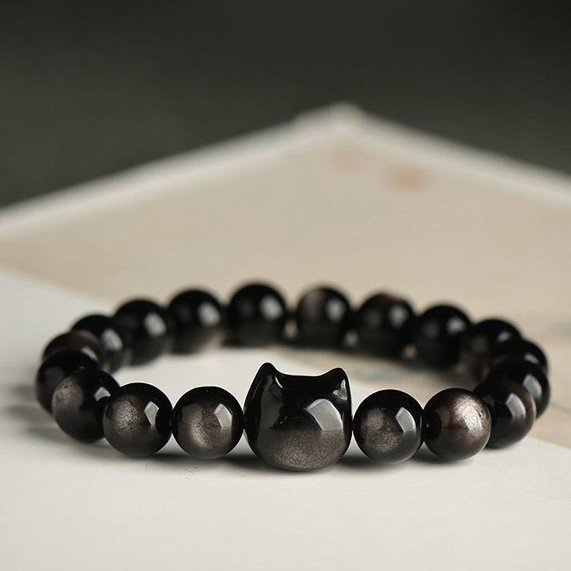 Wear FengShui Gold Sheen Obsidian Silver Sheen Obsidian Lovely Paw Lucky Cat Protection Bracelet