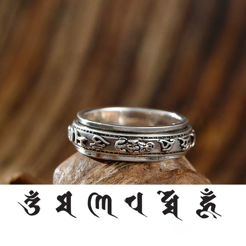 Wear FengShui Tibetan Om Mani Padme Hum PiXiu Engraved Wealth Luck Rotatable Ring
