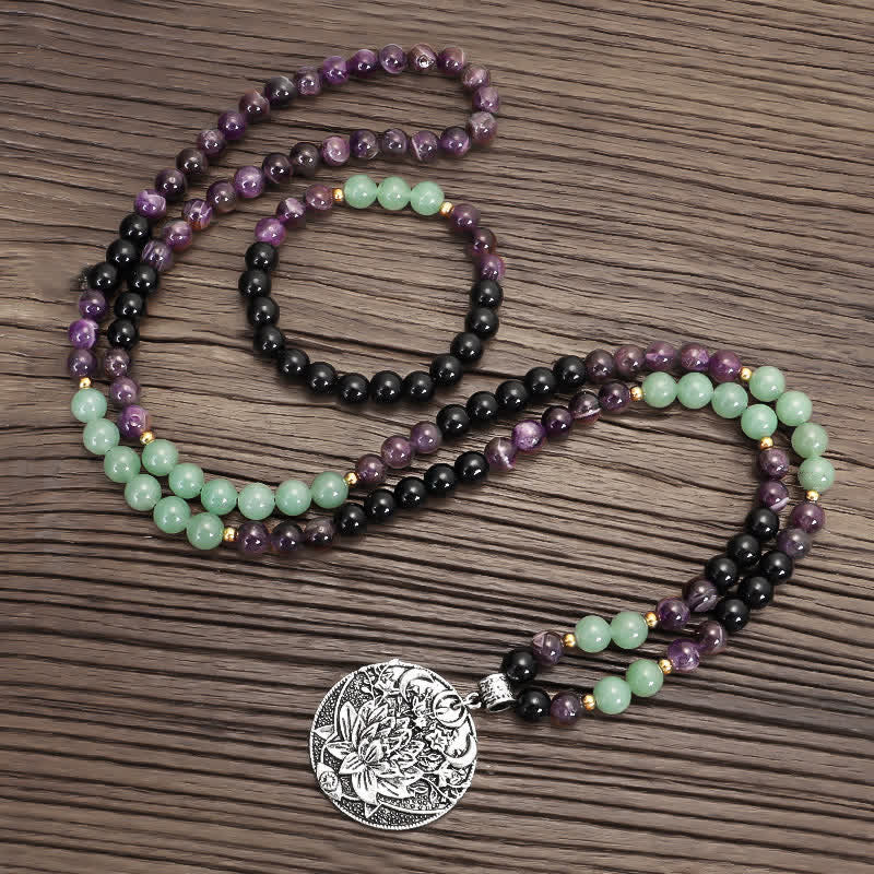 Wear FengShui 108 Mala Beads Amethyst Green Aventurine Lotus Meditation Bracelet