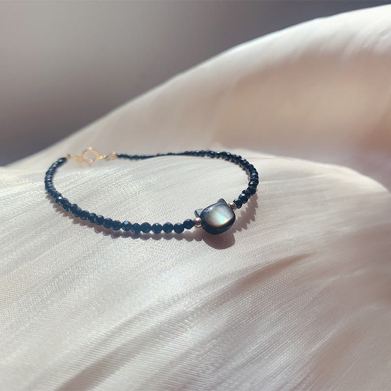 Wear FengShui 14K Gold Plated Black Spinel White Crystal Cute Cat Tridacna Stone Healing Bracelet