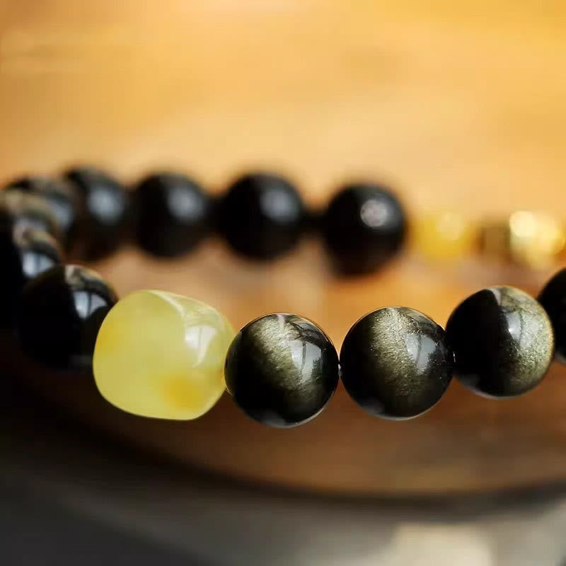 Wear FengShui 925 Sterling Silver Chinese Zodiac Natal Buddha Natural Gold Sheen Obsidian Amber Wealth Protection Bracelet