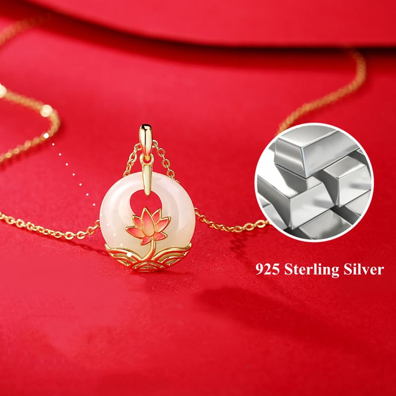 Wear FengShui 925 Sterling Silver Hetian White Jade Lotus Flower Blessing Necklace Pendant