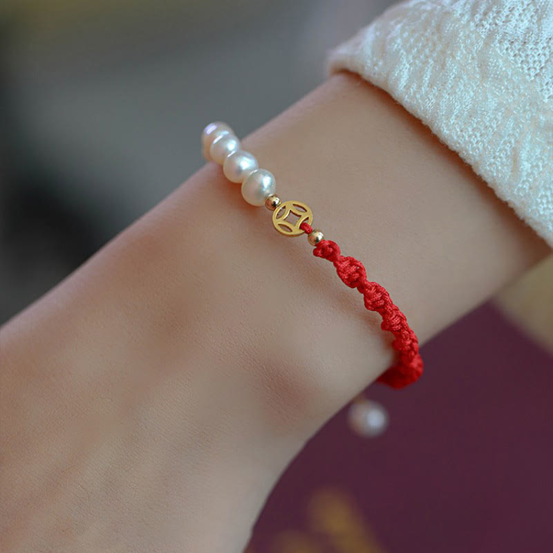 Wear FengShui 14K Gold Plated Pearl Bead Luck Protection Braid Red String Bracelet