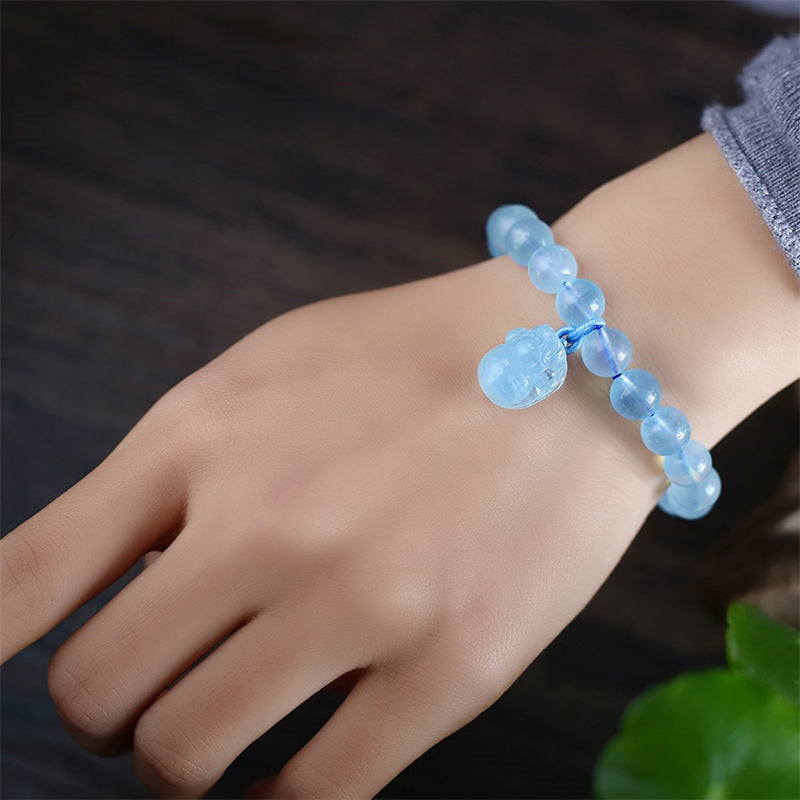 Wear FengShui Natural Aquamarine Amber Pixiu Peace Healing Charm Bracelet
