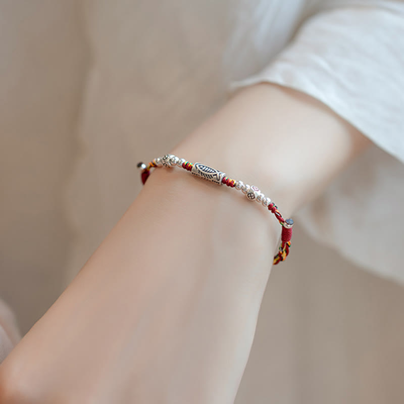 Wear FengShui 925 Sterling Silver Luck Koi Fish Braided Colorful String Bracelet Anklet