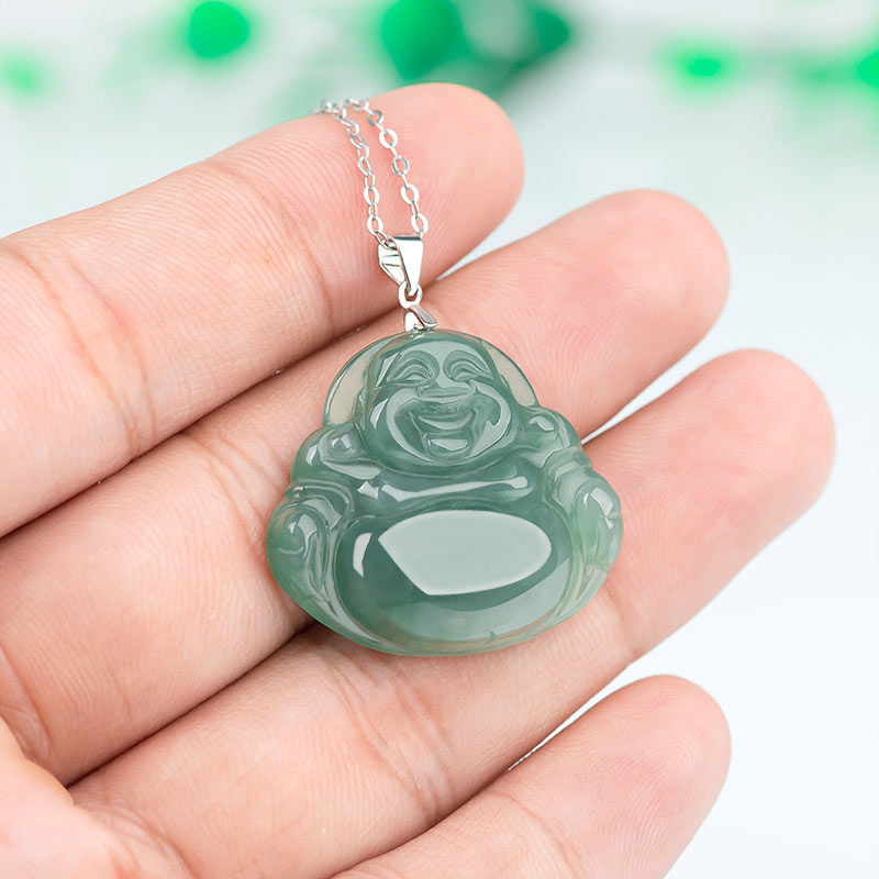 Wear FengShui Laughing Buddha Jade Protection Calm Titanium Steel Chain Necklace Pendant
