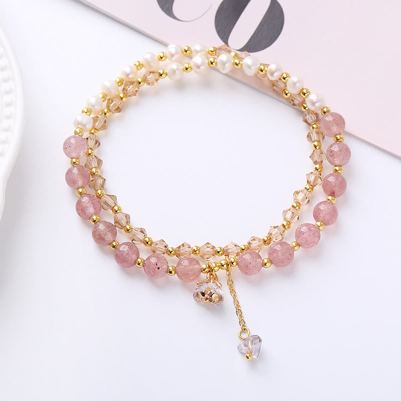 Wear FengShui Natural Amethyst Aquamarine Strawberry Quartz Pearl Peace Healing Double Wrap Bracelet
