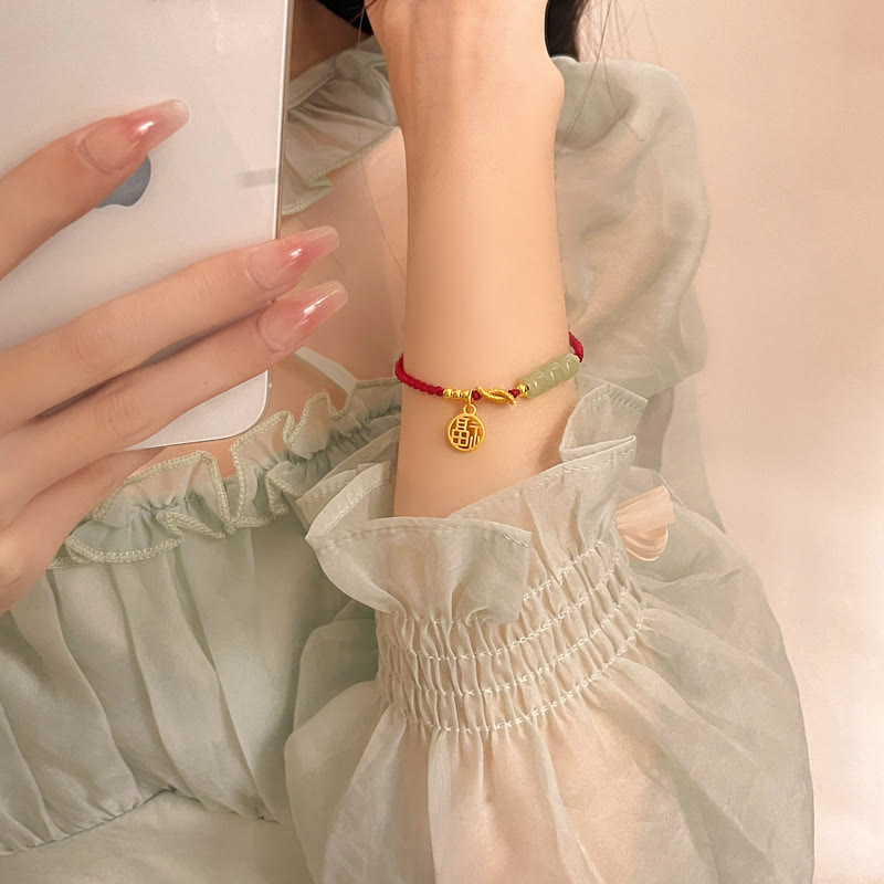 Wear FengShui Handcrafted Jade Bead Fu Character Charm Luck Red Rope Bracelet