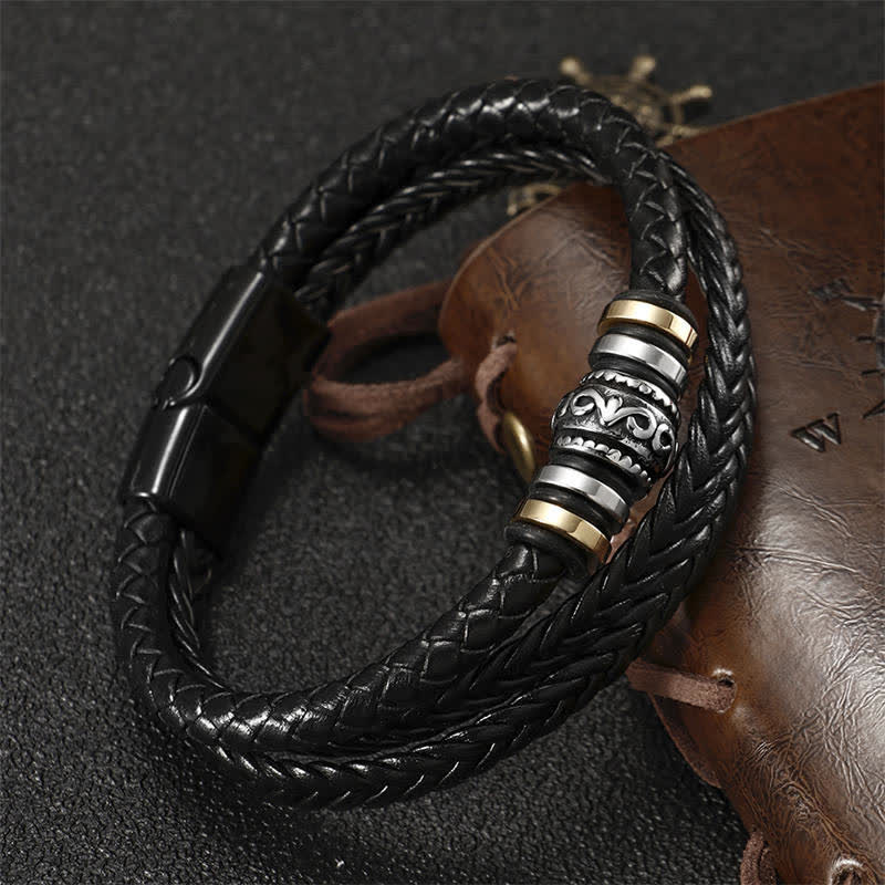 Wear FengShui Leather Layered Titanium Steel Balance Braided Bracelet