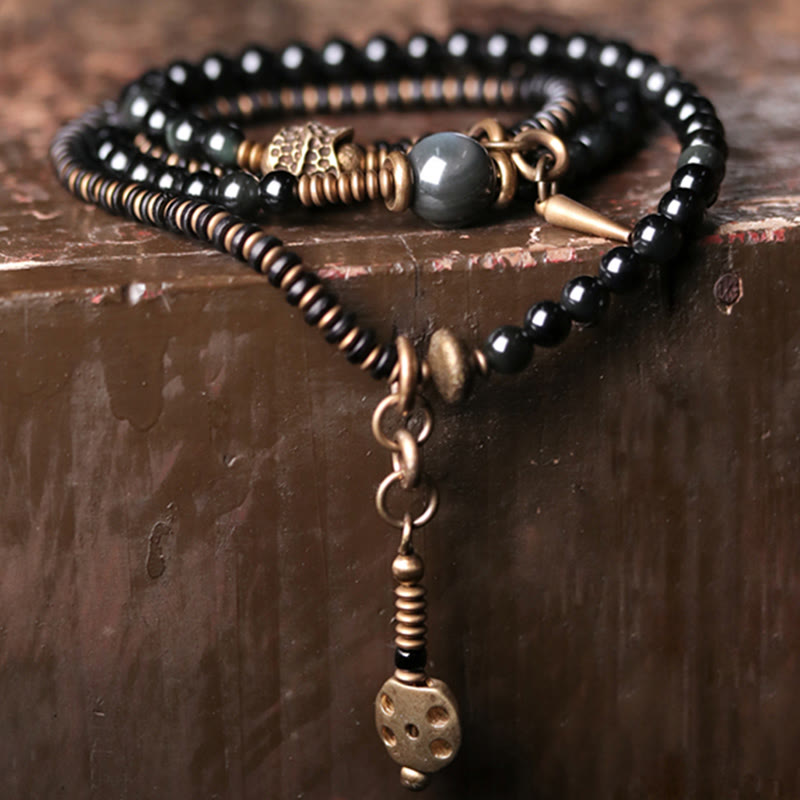 Wear FengShui Rainbow Obsidian Ebony Wood Copper Positive Multilayer Bracelet