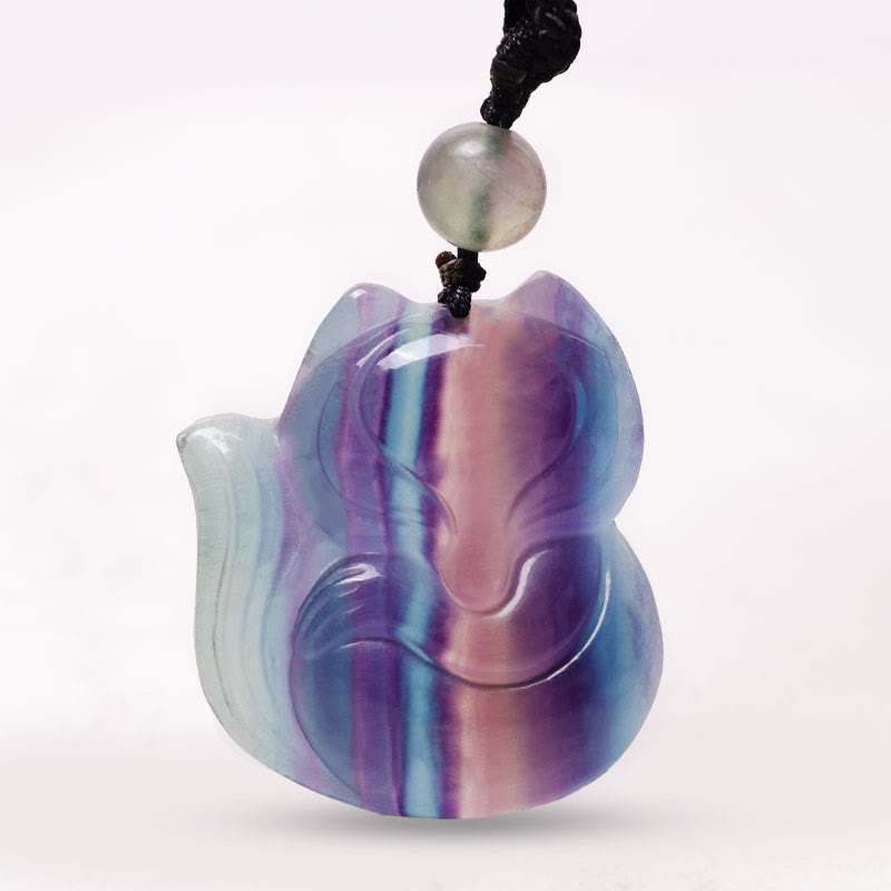 Wear FengShui Natural Fluorite Gold Sheen Obsidian Fox Pendant Protection Necklace