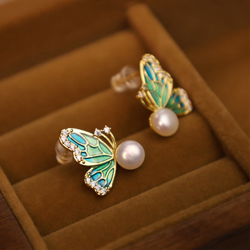 Wear FengShui 925 Sterling Silver Posts 18K Gold Plated Copper Natural Pearl Butterfly Healing Stud Earrings