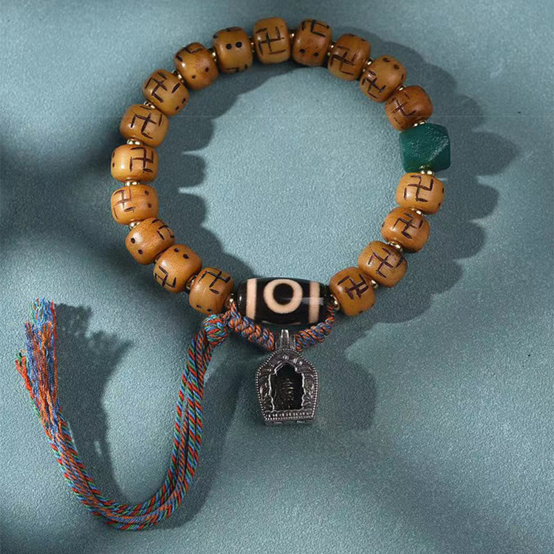 Wear FengShui Natural Tibetan Camel Bone Swastika Dzi Bead Shankha Buddha Charm Kirtimukha Luck Protection Tassel Bracelet