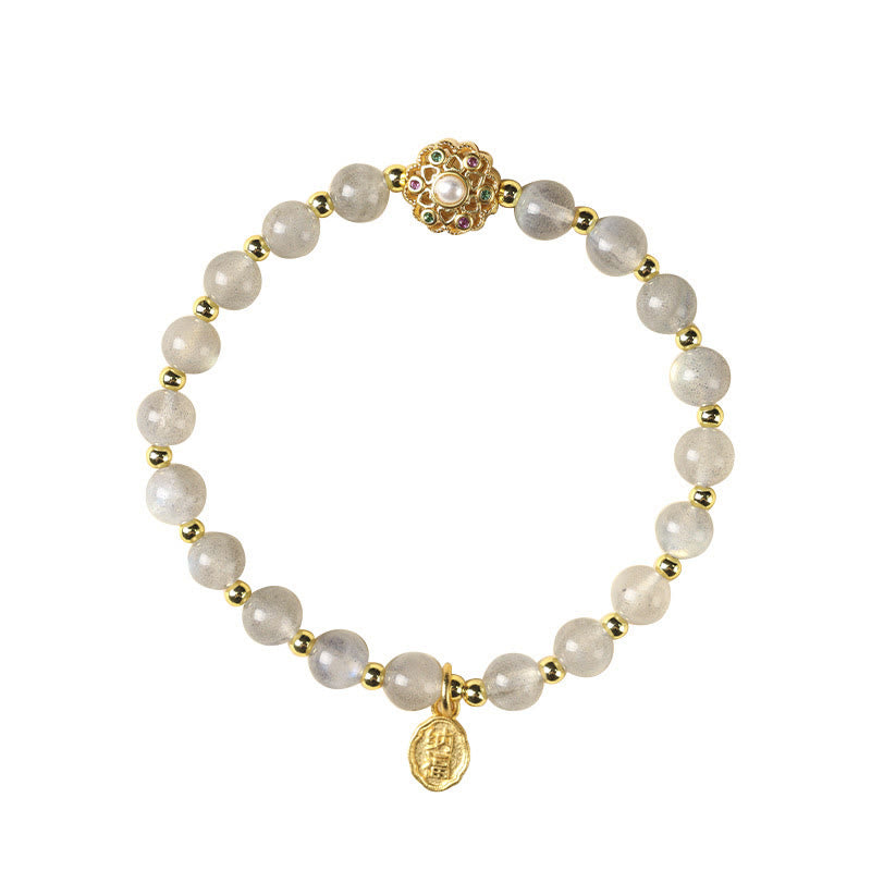 Wear FengShui 14K Gold Plated Natural Strawberry Quartz Labradorite Sun Stone Fu Character Positive Charm Bracelet