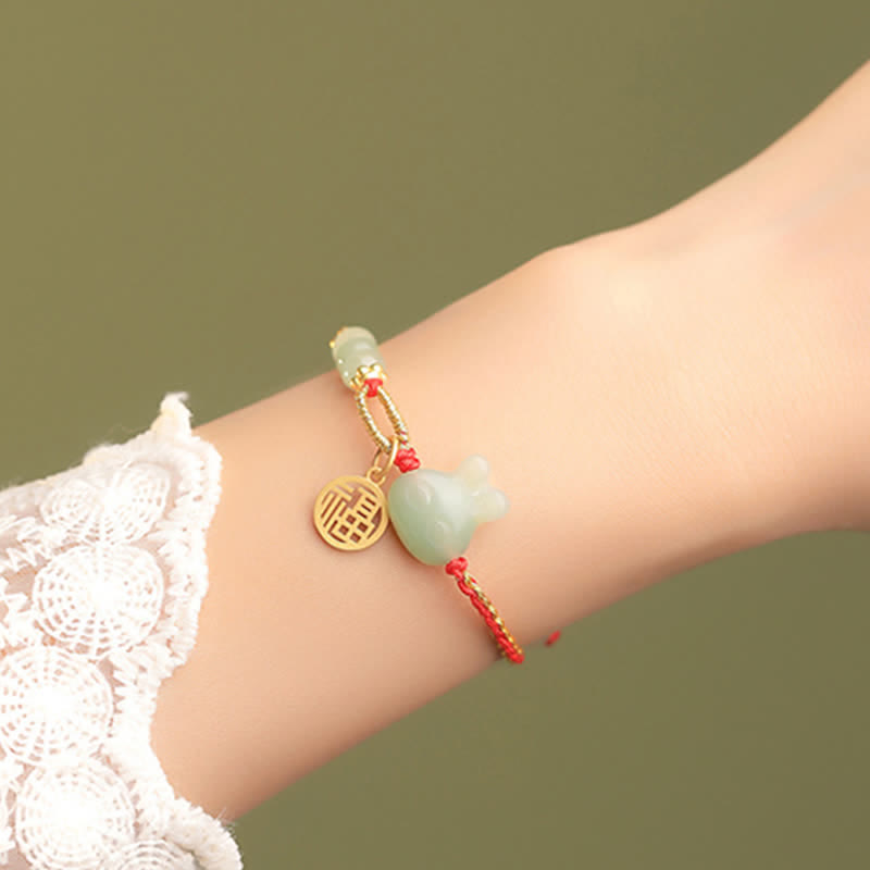 Wear FengShui 925 Sterling Silver Year of the Rabbit Hetian Jade Happiness Luck Red String Bracelet