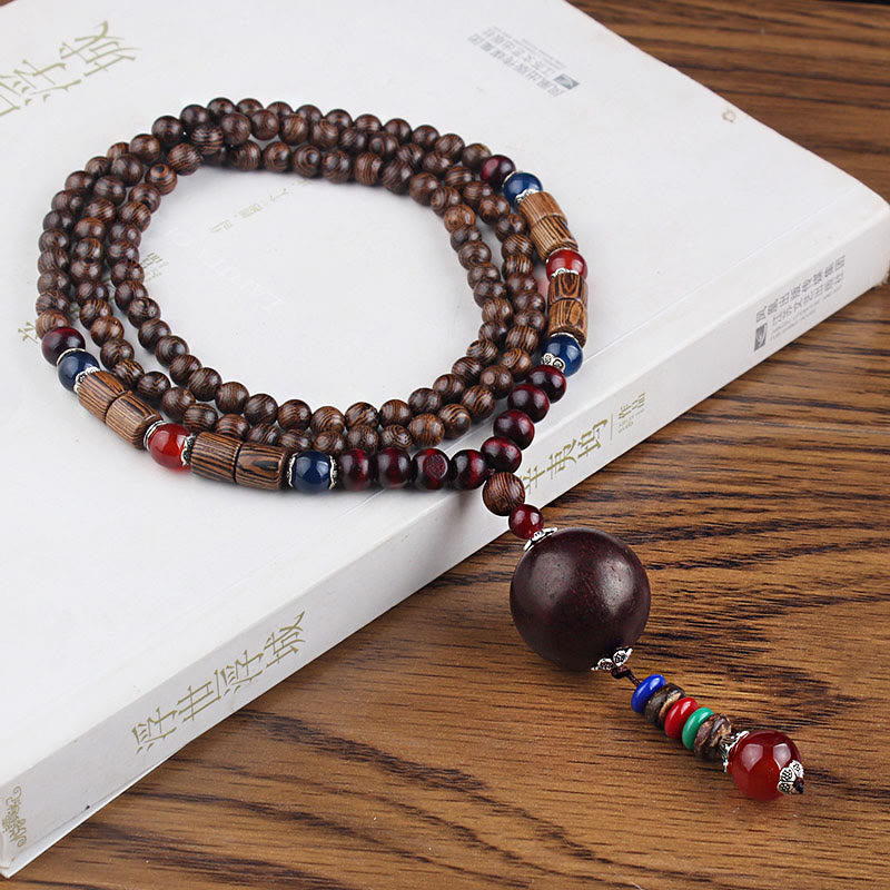 Wear FengShui Tibetan Wenge Wood Bodhi Seed Agate Balance Peace Necklace Pendant