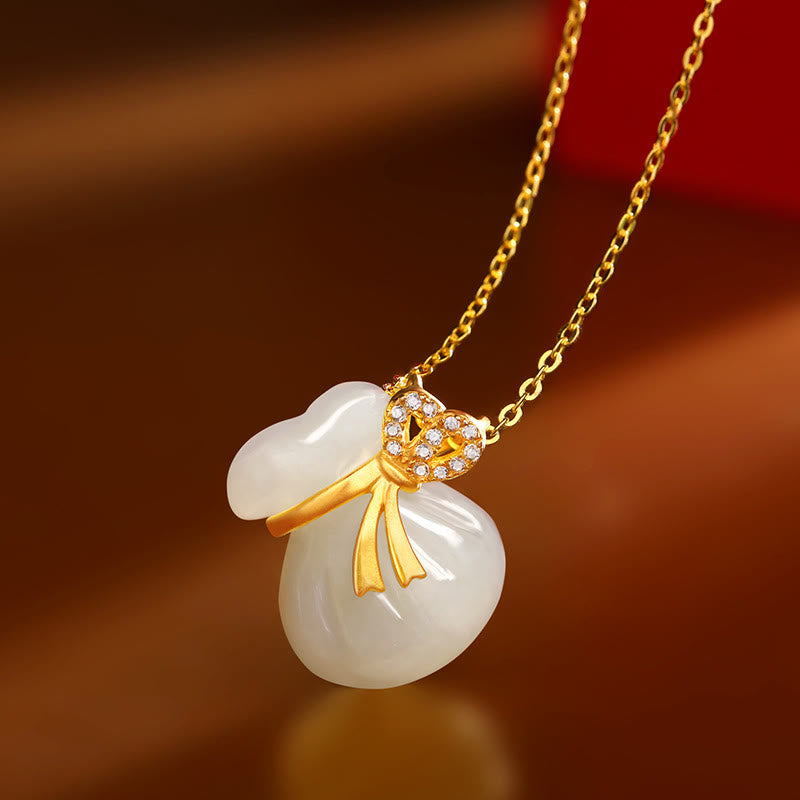 Wear FengShui Natural Hetian White Jade Luck Money Bag Necklace Pendant