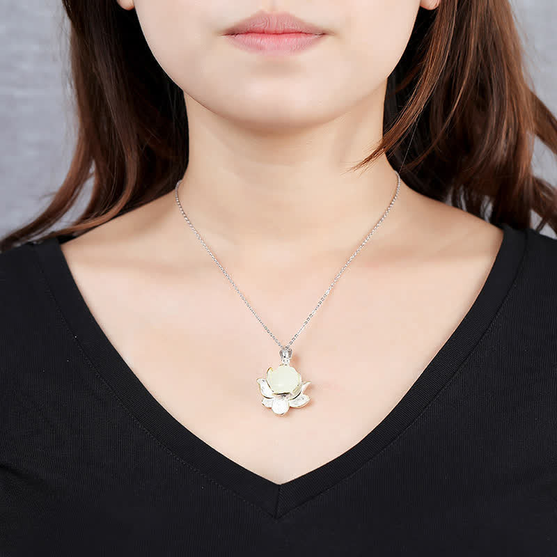 Wear FengShui White Jade Lotus Flower Happiness Necklace