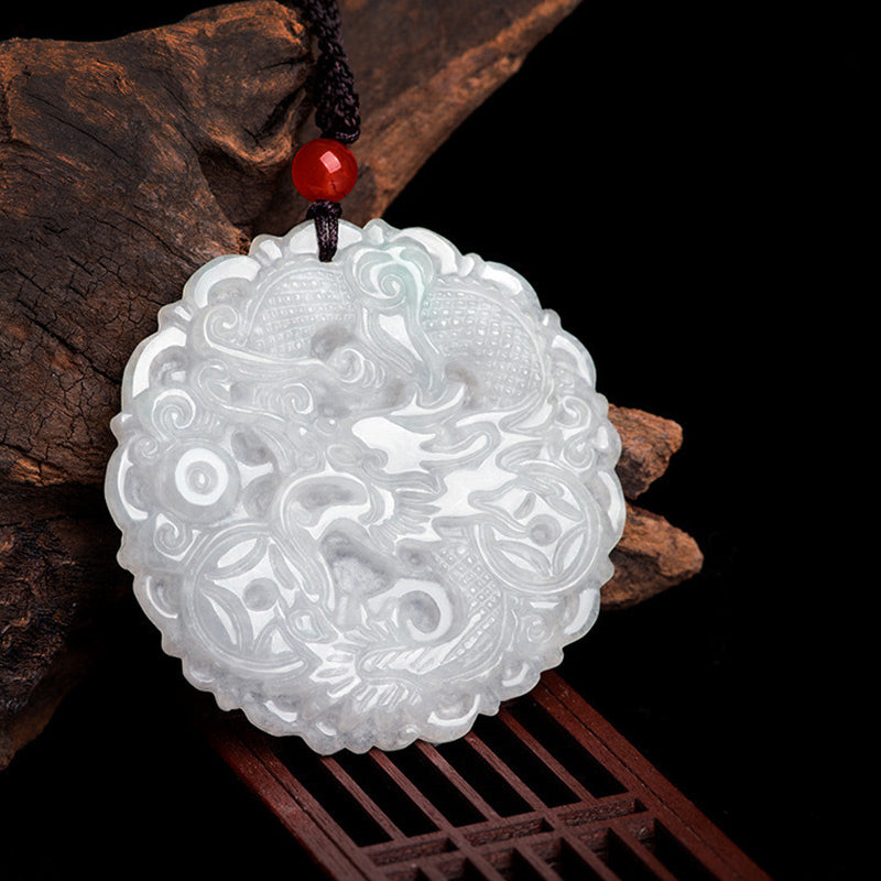 Wear FengShui White Jade Dragon Protection Necklace String Pendant
