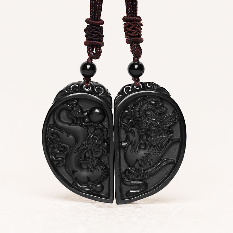 Wear FengShui Black Obsidian Love Dragon Phoenix Protection Necklace Pendant