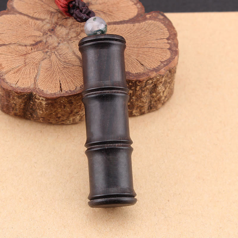 Wear FengShui Ebony Wood Bamboo Pattern Ghau Prayer Box Peace Necklace Pendant