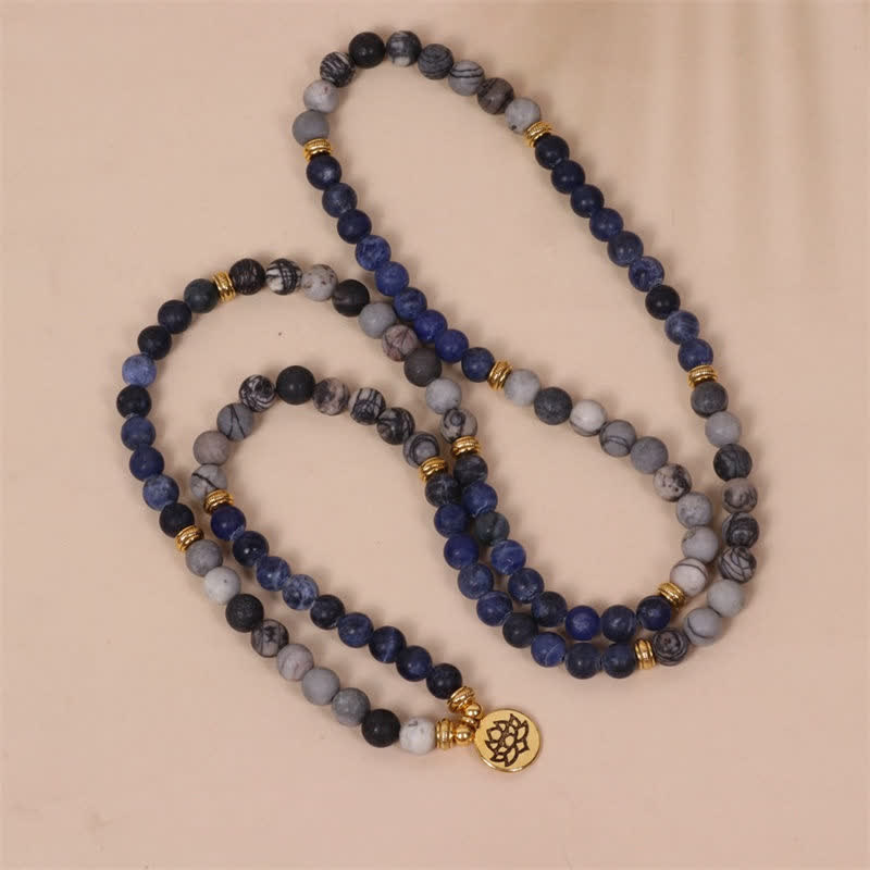 Wear FengShui 108 Mala Beads Sodalite Zebra Jasper Crystal Lotus Strength Bracelet