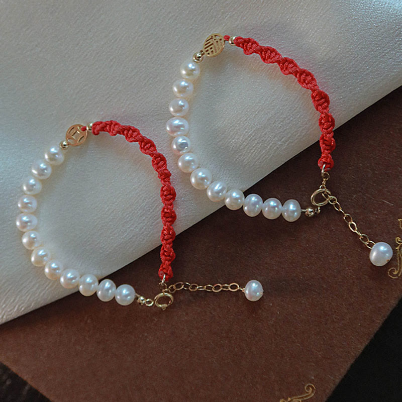 Wear FengShui 14K Gold Plated Pearl Bead Luck Protection Braid Red String Bracelet