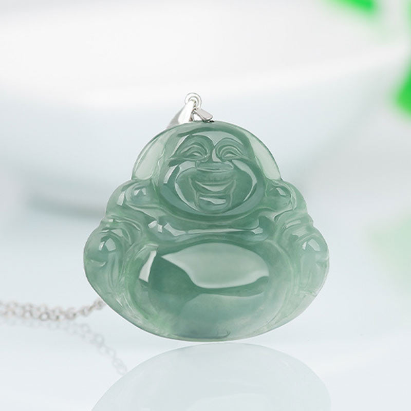Wear FengShui Laughing Buddha Jade Protection Calm Titanium Steel Chain Necklace Pendant