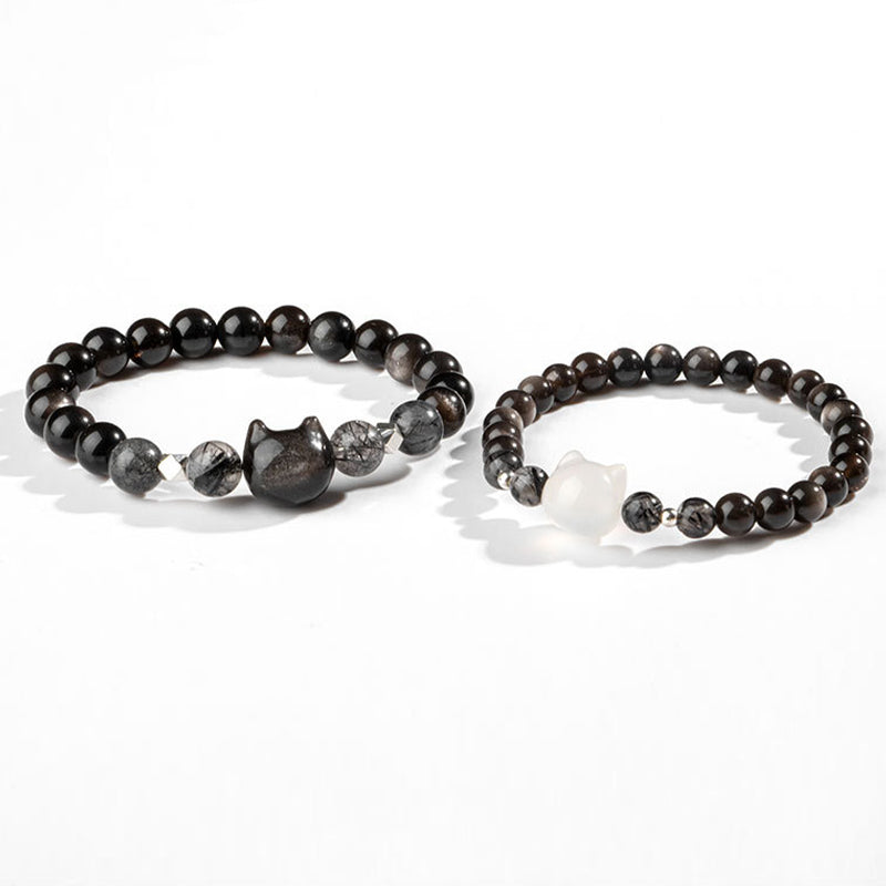 Wear FengShui Natural Silver Sheen Obsidian Cute Cat Head Protection Bracelet