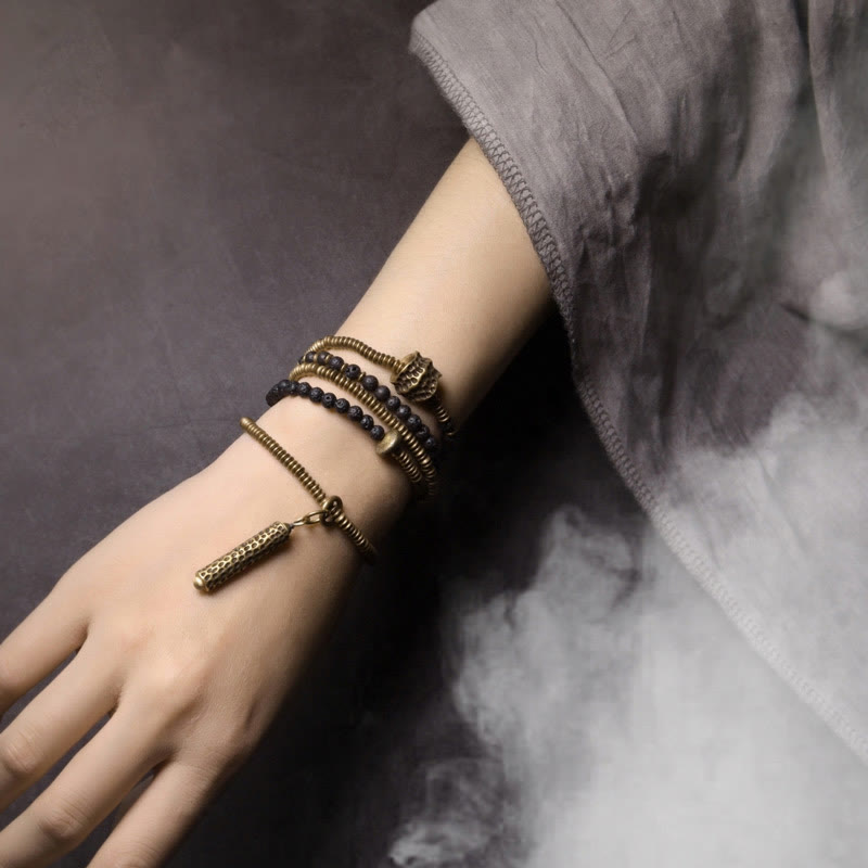 Wear FengShui Vintage Lava Rock Brass Copper Healing Multilayered Bracelet