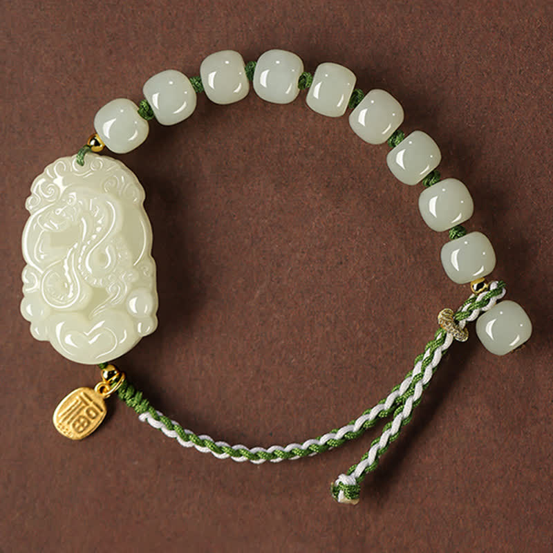 Wear FengShui 925 Sterling Silver Chinese Zodiac Hetian Jade Happiness Luck String Bracelet