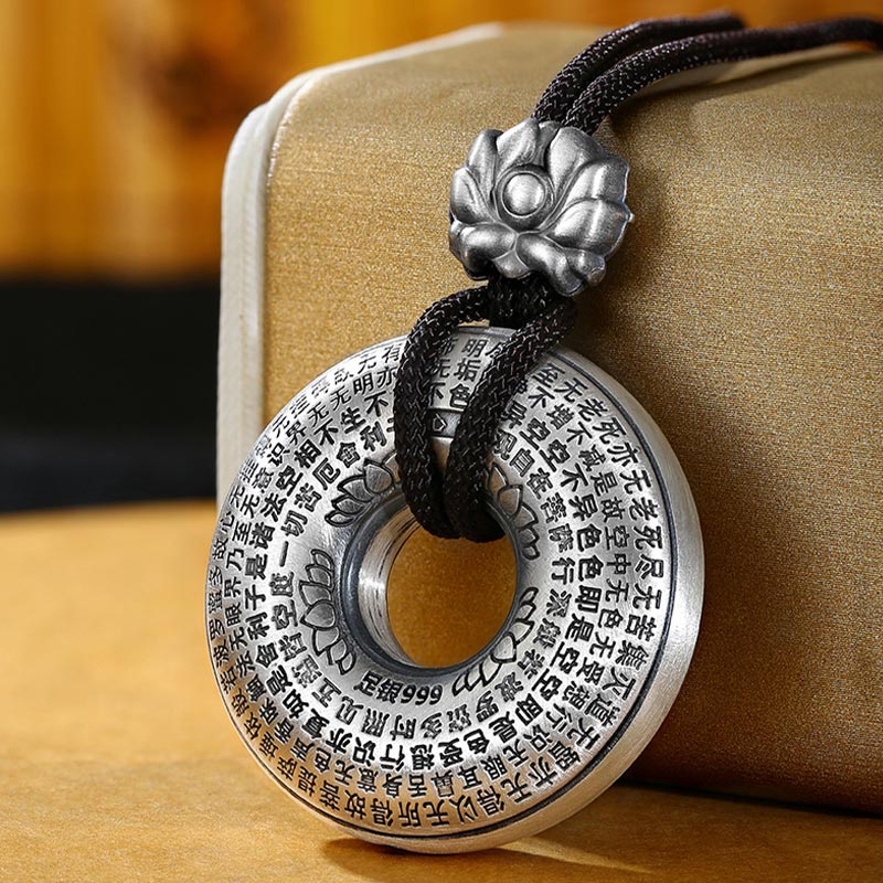Wear FengShui 999 Sterling Silver Heart Sutra Lotus Peace Buckle Necklace Pendant