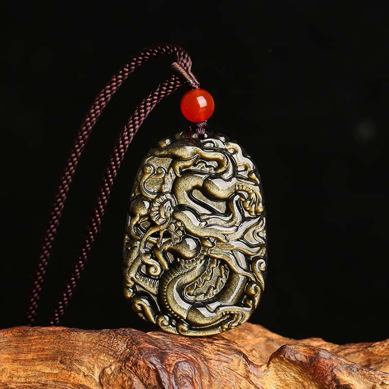 Wear FengShui Gold Sheen Obsidian Dragon Pattern Success Necklace Pendant