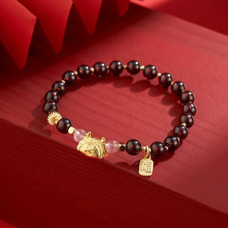 Wear FengShui Year of the Dragon Dumpling Natural Red Agate Garnet Hetian Jade Fu Character Luck Success Bracelet