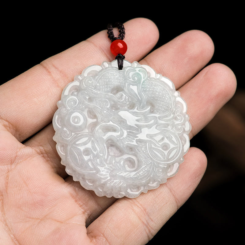Wear FengShui White Jade Dragon Protection Necklace String Pendant