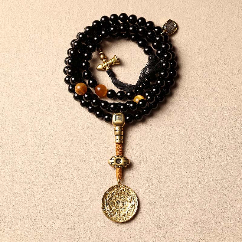 Wear FengShui Tibetan 108 Mala Beads Black Onyx Tiger Eye Beads Nine Palaces Bagua Protection Bracelet