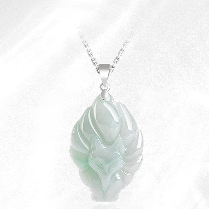 Wear FengShui Natural Jade Nine Tailed Fox Prosperity Titanium Steel Chain Necklace Pendant