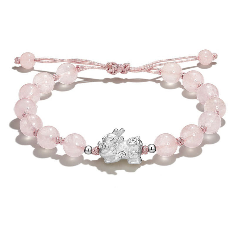 Wear FengShui Natural Black Obsidian Cat's Eye Pink Crystal PiXiu Strength Bracelet