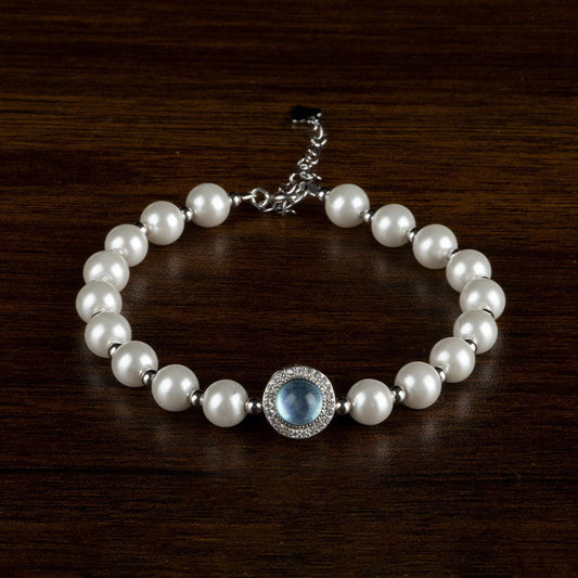 Wear FengShui 925 Sterling Silver Pearl Blue Chalcedony Healing Chain Bracelet Ring