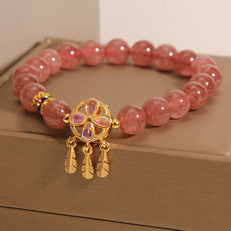 Wear FengShui Natural Strawberry Quartz Four Leaf Clover Dreamcatcher Charm Love Bracelet