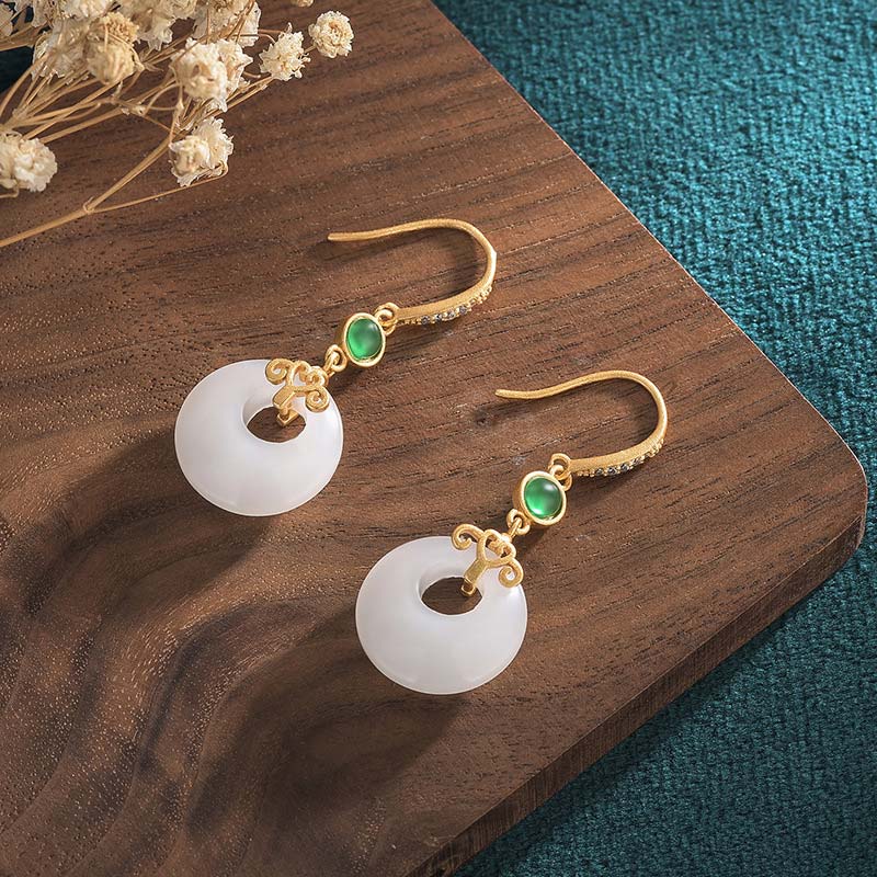 Buddha Stones FengShui White Jade Blessing Drop Earrings