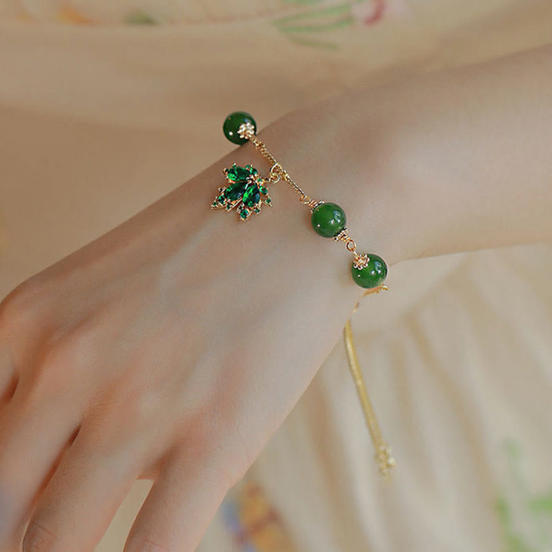 Wear FengShui 14k Gold Plated Green Chalcedony Maple Leaf Courage Strength Bracelet