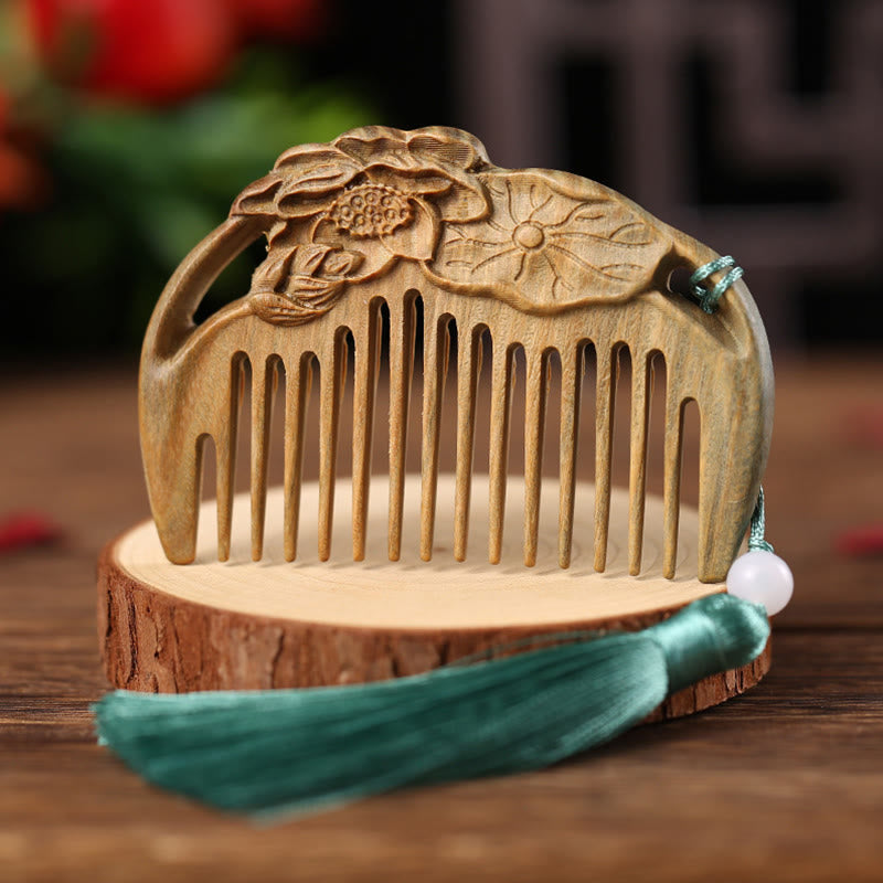 Wear FengShui Green Sandalwood Fox Peony Flower Lotus Engraved Cure Tassel Comb