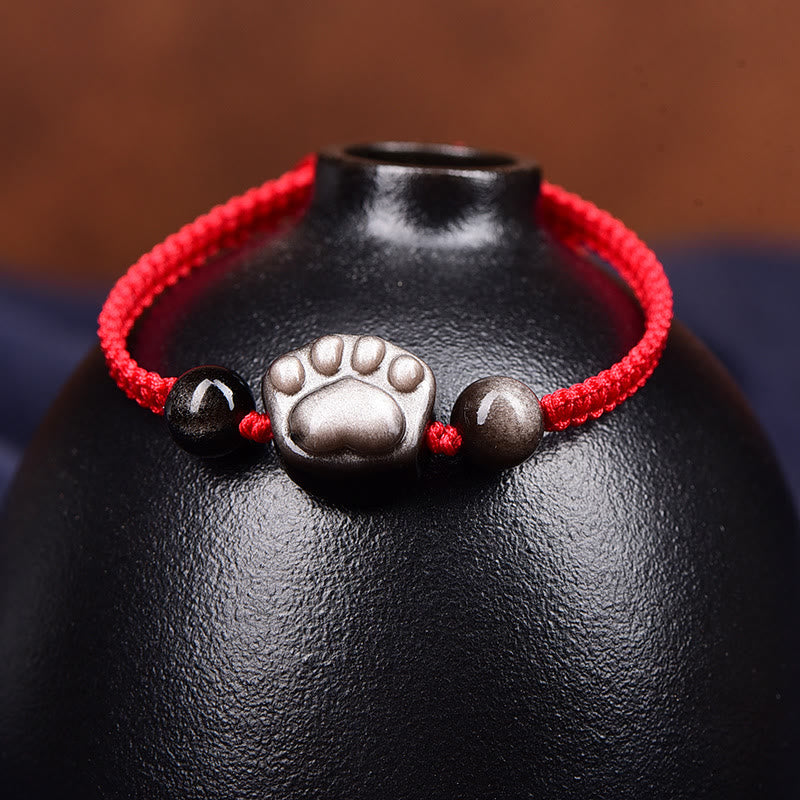 Wear FengShui Natural Silver Sheen Obsidian Gold Sheen Obsidian Cute Cat Paw Claw Protection Rope Bracelet