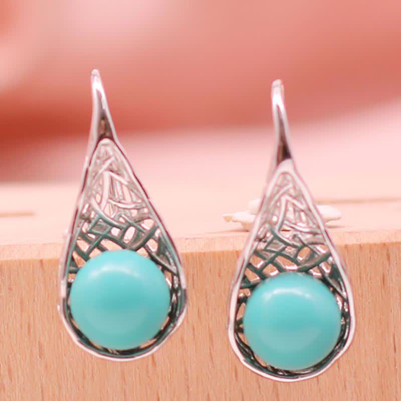 Wear FengShui 925 Sterling Silver Turquoise Beaded Pattern Protection Drop Dangle Earrings