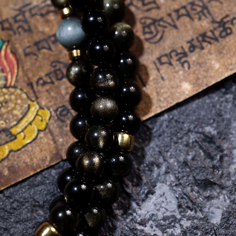 Wear FengShui 108 Mala Beads Gold Sheen Obsidian Tiger Eye Eagle's Eye Stone Wealth Bracelet
