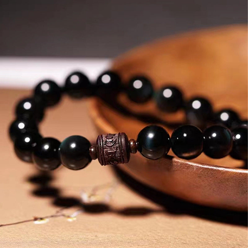 Wear FengShui Natural Gold Sheen Obsidian Rainbow Obsidian Om Mani Padme Hum Fu Character Healing Bracelet