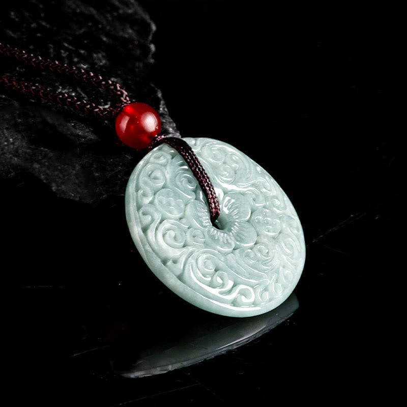 Wear FengShui Green Jade Flower Carved Peace Buckle Abundance Necklace Pendant