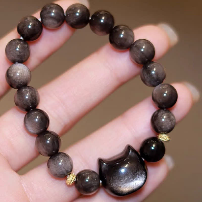 Wear FengShui Gold Sheen Obsidian Silver Sheen Obsidian Lovely Paw Lucky Cat Protection Bracelet