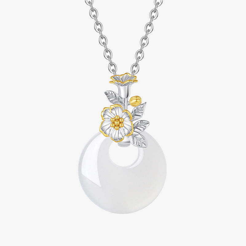 Wear FengShui 925 Sterling Silver Round Chalcedony Twelve Months Flower Harmony Necklace Pendant